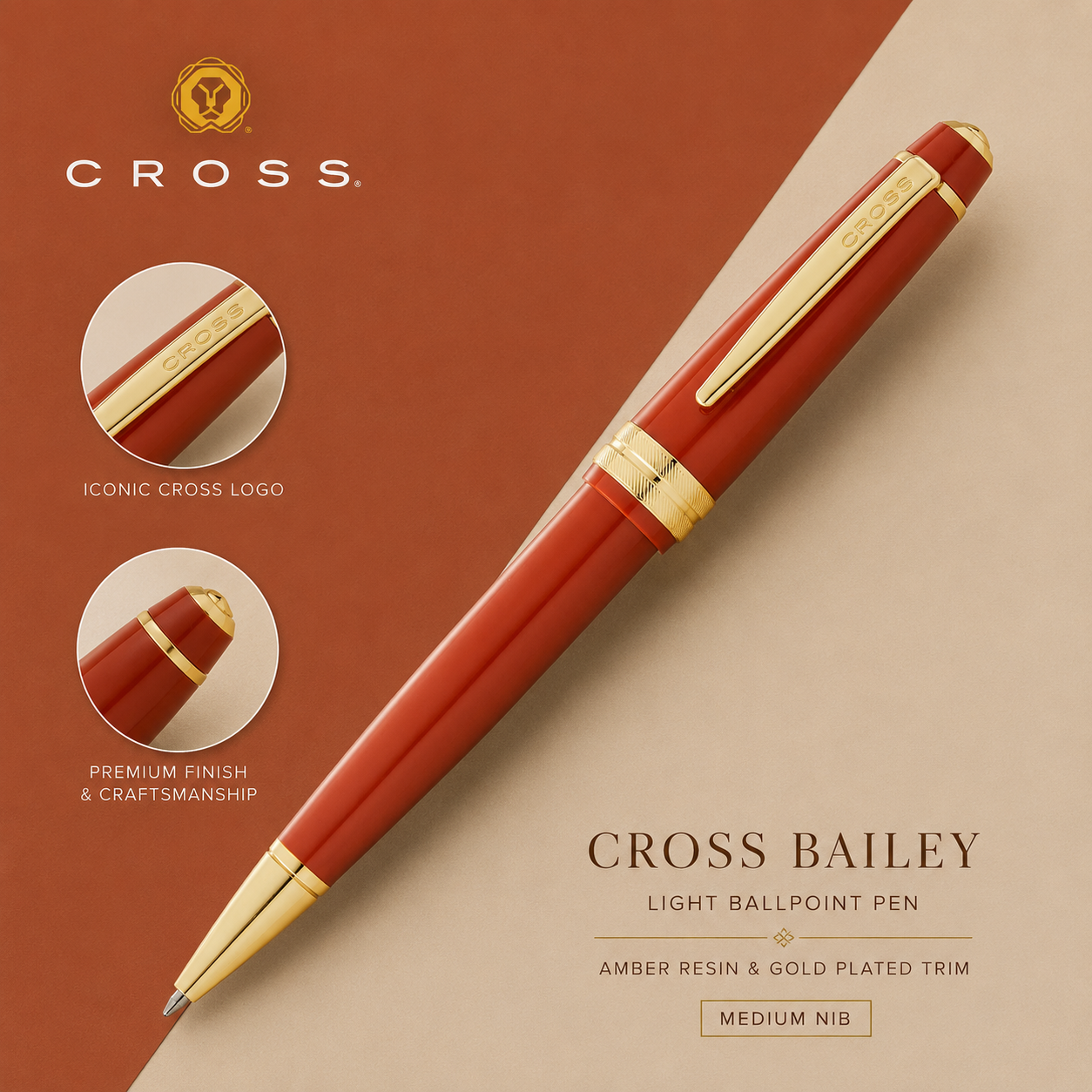 Cross Bailey Light Ballpoint Pen – Amber Resin & Gold Plated Trim (Medium)