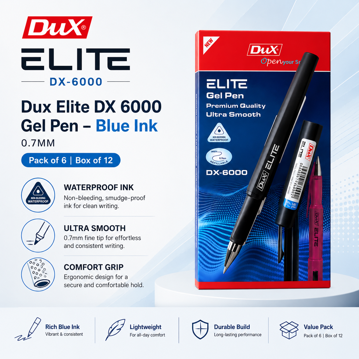 Dux Elite DX 6000 Gel Pen – Blue Ink (Pack of 6 | Box of 12) 0.7 MM