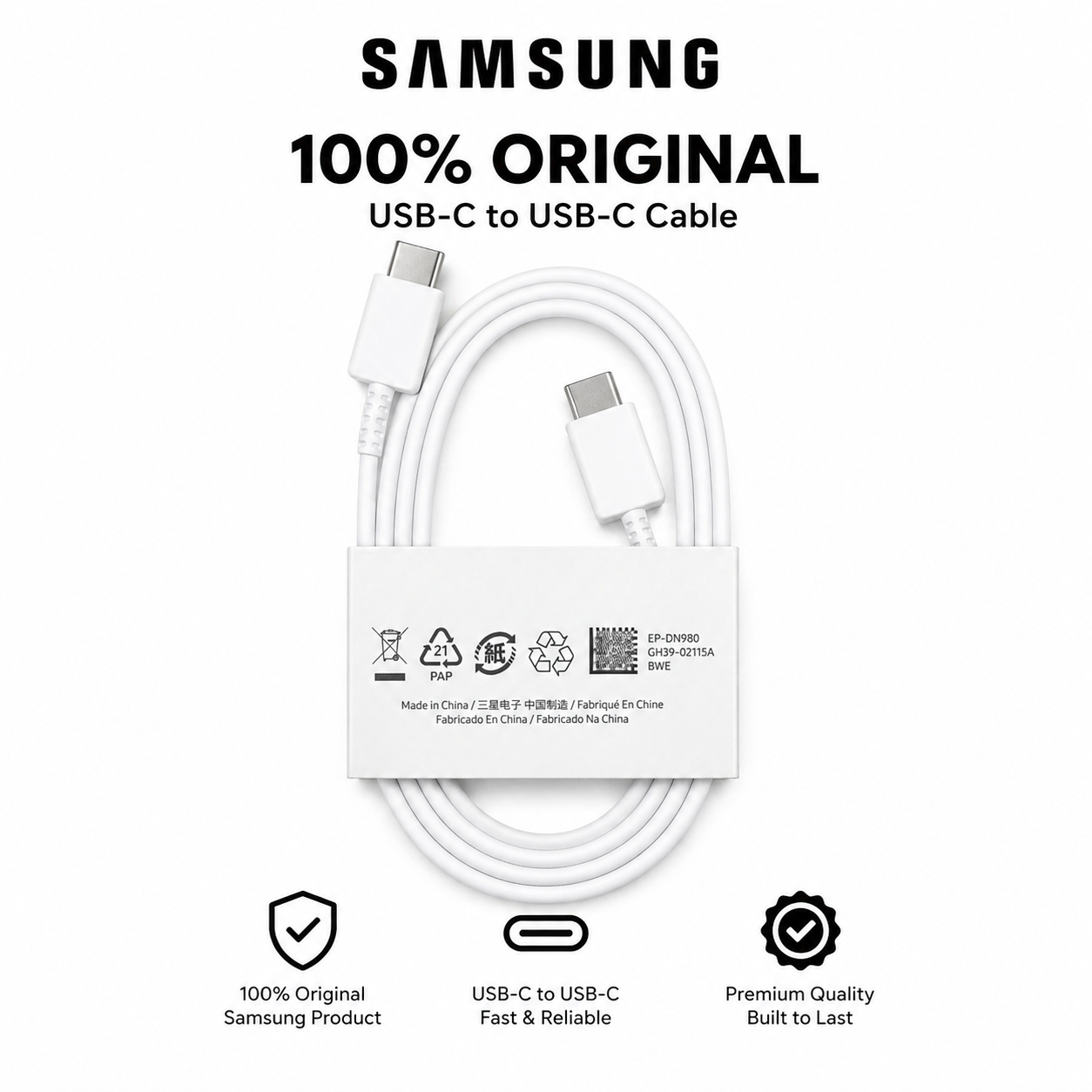 Samsung Original USB-C to USB-C Cable (1m) – Fast Charging Type-C Cable