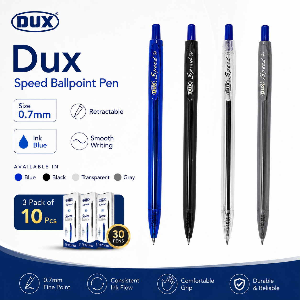 DUX Speed 1 Retractable Ballpoint Pen 0.7mm – Blue Ink (Pack of 30)