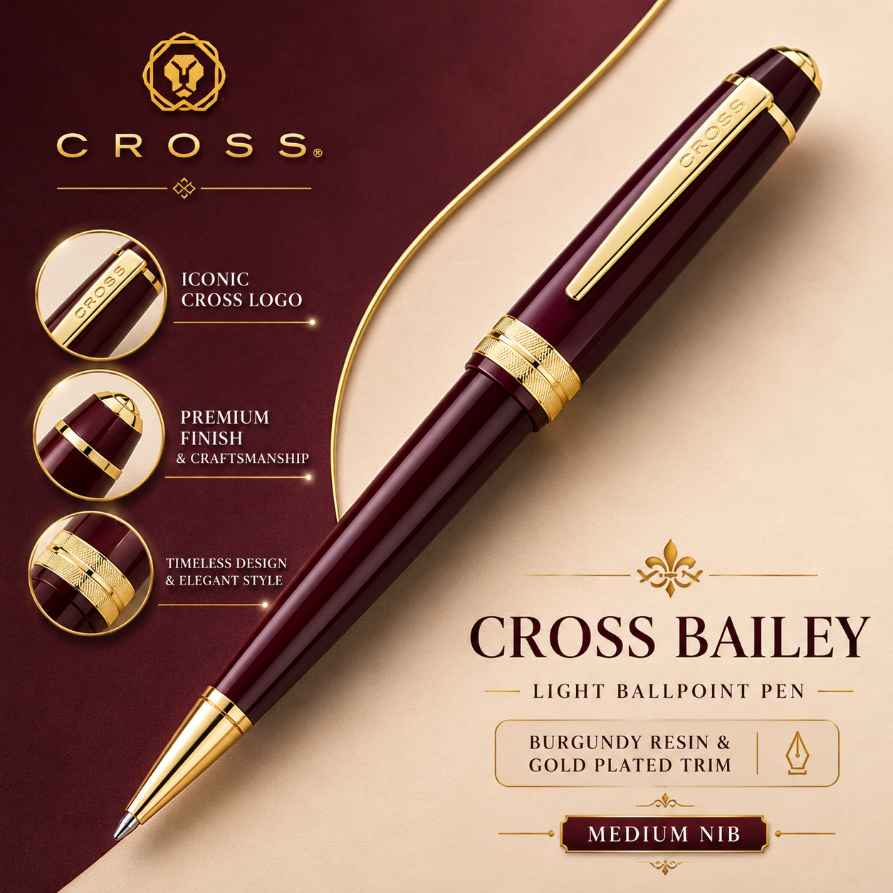 Cross Bailey Light Ballpoint Pen – Burgundy Resin & Gold Plated Trim (Medium)