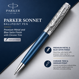 Parker Sonnet Premium Ballpoint Pen – Metal & Blue Satin Finish with Chrome Trim