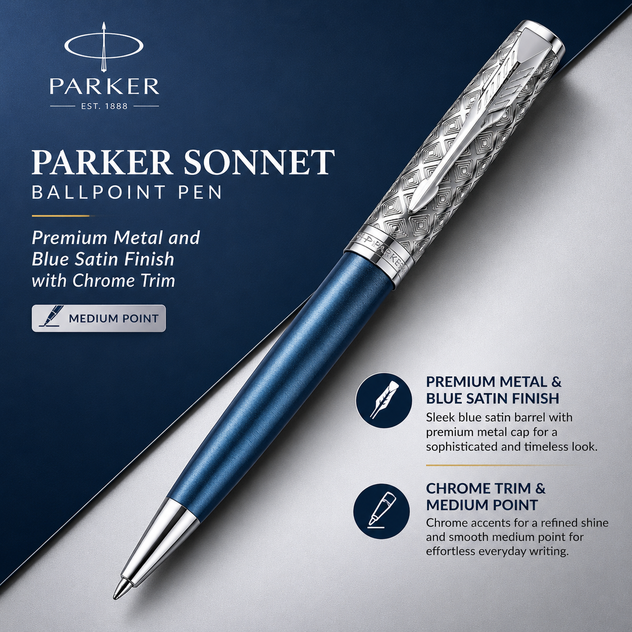 Parker Sonnet Premium Ballpoint Pen – Metal & Blue Satin Finish with Chrome Trim