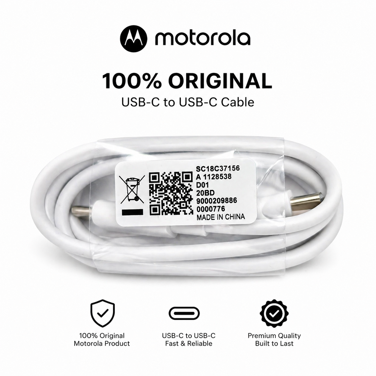 Motorola USB-C to USB-C Cable 1M – 100% Original Fast Charging & Data Sync (Type-C PD Cable)