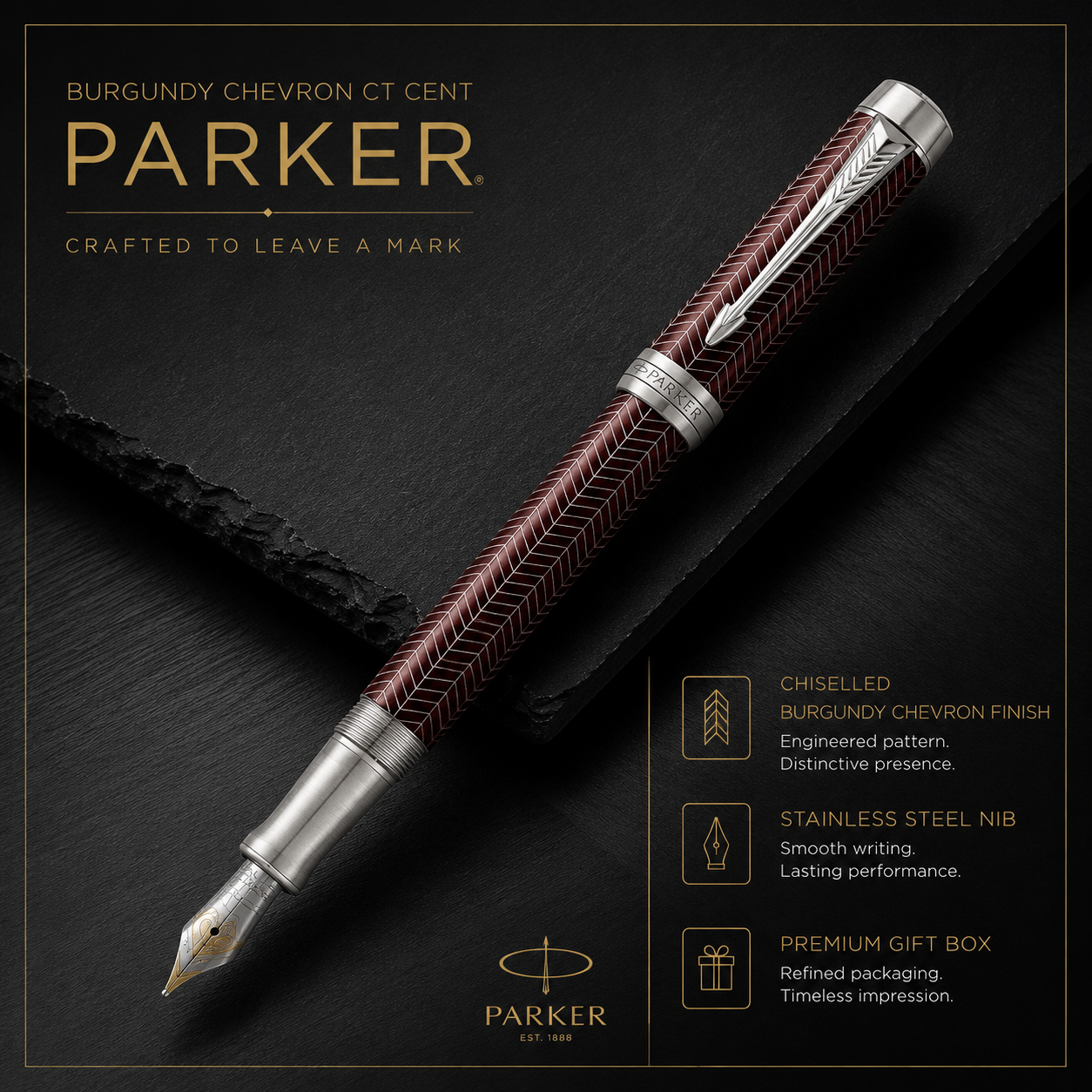 Parker Duofold Prestige Fountain Pen – Burgundy Chevron CT | Luxury Writing Instrument