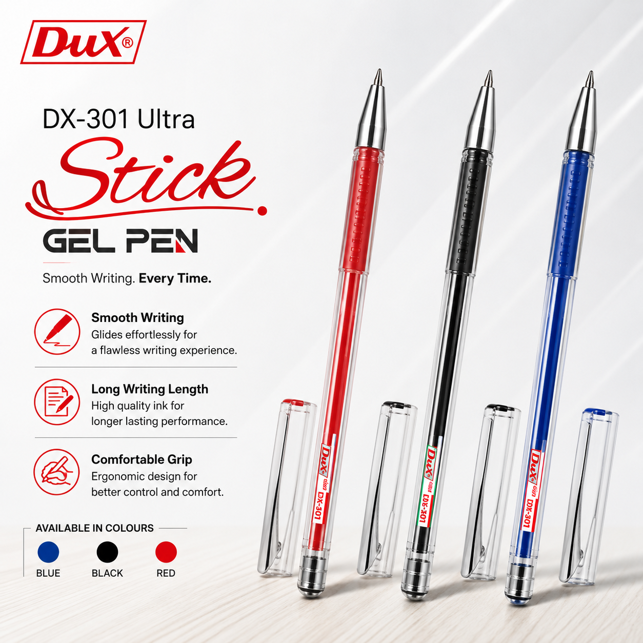 Dux Ultra 301 Gel Pen 0.7mm – Pack of 12 (Blue, Black, Red)