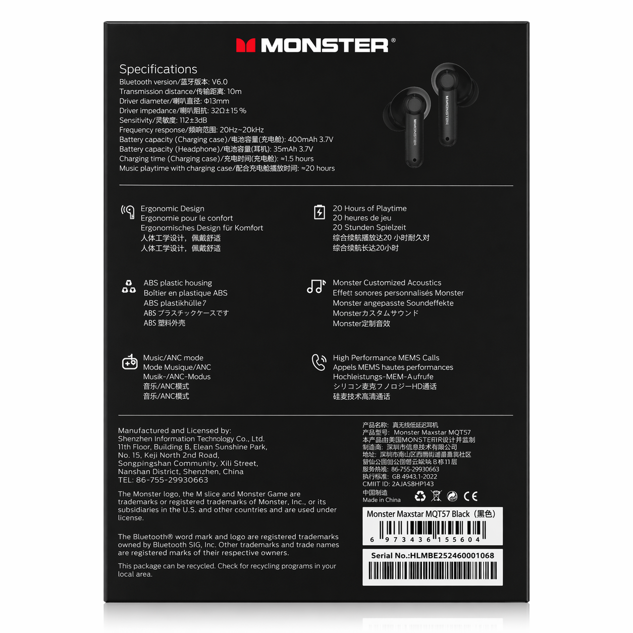 MONSTER Maxstar MQT57 TWS Wireless Gaming Earbuds Bluetooth 5.3 Low Latency RGB Lights Original