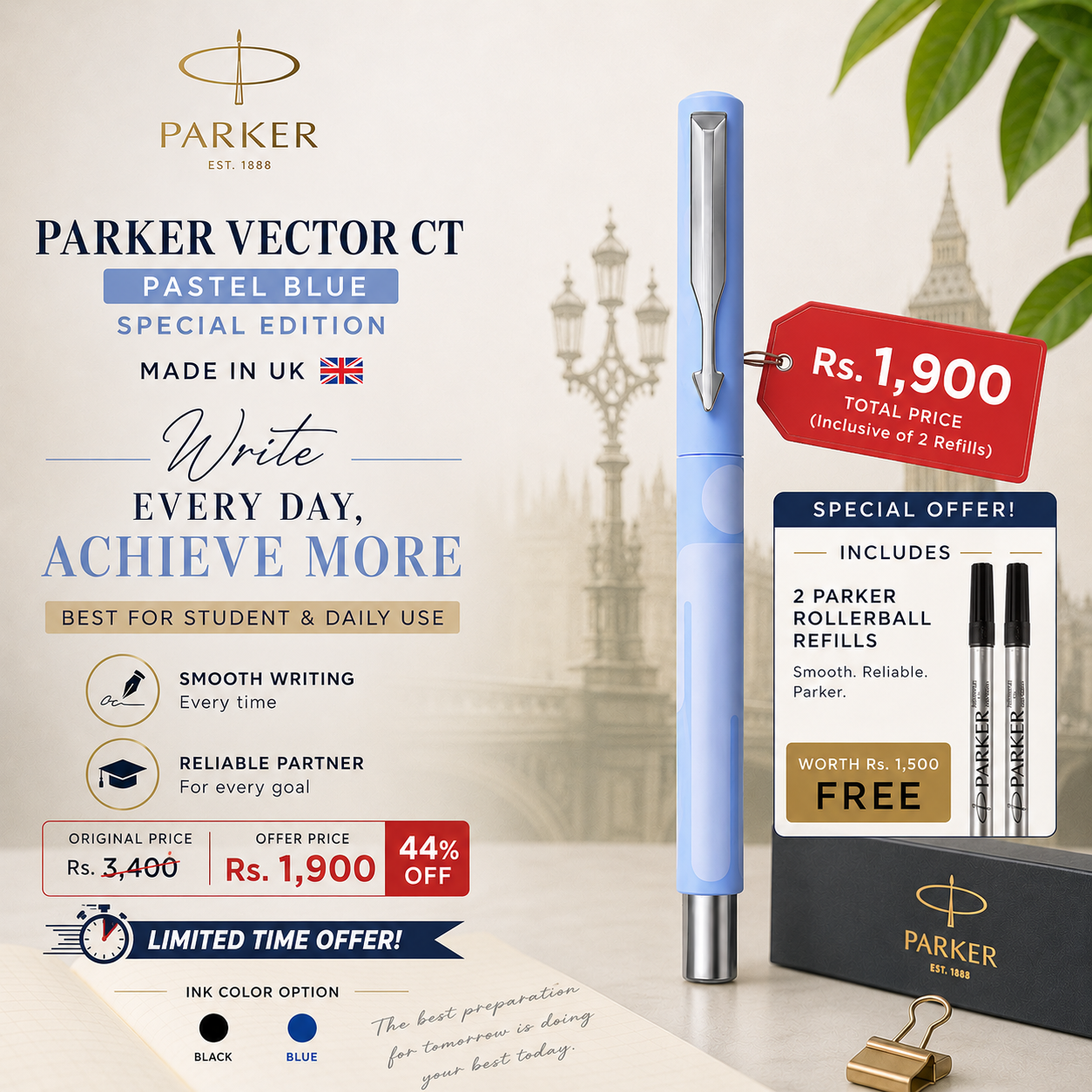 Parker Vector CT Rollerball Pen – Pastel Blue Special Edition | Blue & Black Ink | Made in UK