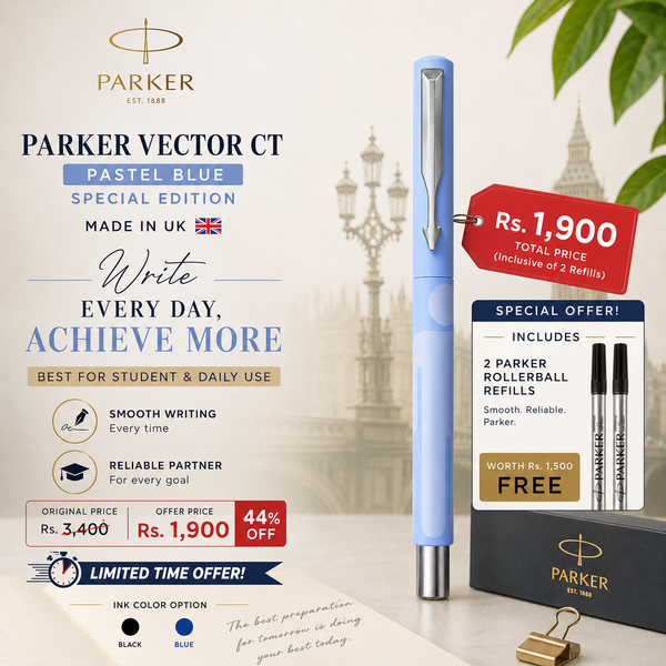 Parker Vector CT rollerball pen, pastel blue special edition, blue and black ink, made in UK