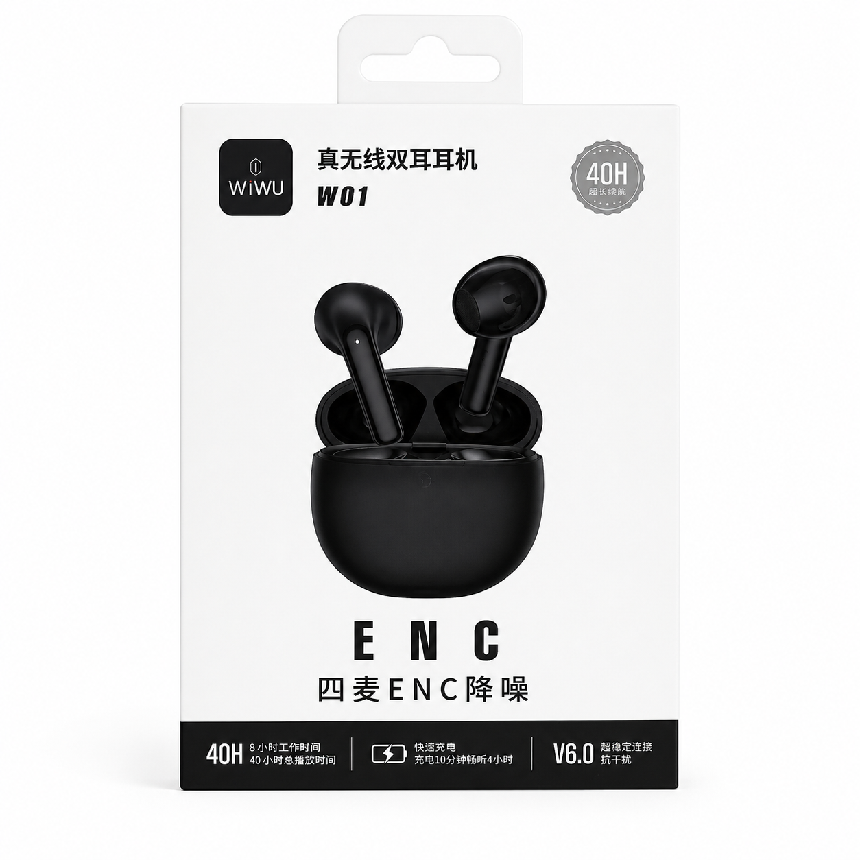WIWU W01 Wireless Earbuds – ENC Noise Reduction, 40H Playtime, Bluetooth 5.0, Type-C Fast Charging (Original)