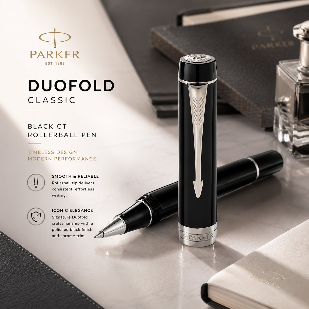 Parker Duofold Classic Black Rollerball Pen – Chrome Trim (CT)