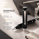 Parker Duofold Classic Black Rollerball Pen – Chrome Trim (CT)