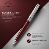 Parker Sonnet Premium Ballpoint Pen – Metal & Red Satin Finish with Chrome Trim