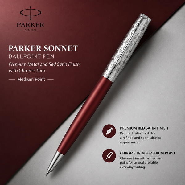 Parker Sonnet Premium ballpoint pen, metal and red satin finish with chrome trim