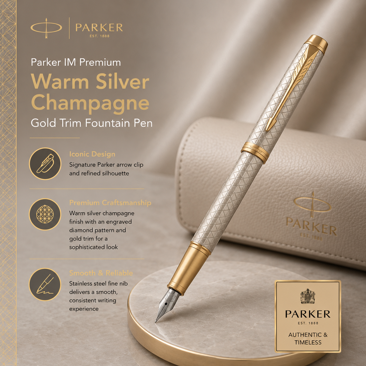Parker IM Premium Fountain Pen – Warm Silver Champagne Diamond Pattern Gold Trim