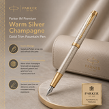 Parker IM Premium Fountain Pen – Warm Silver Champagne Diamond Pattern Gold Trim
