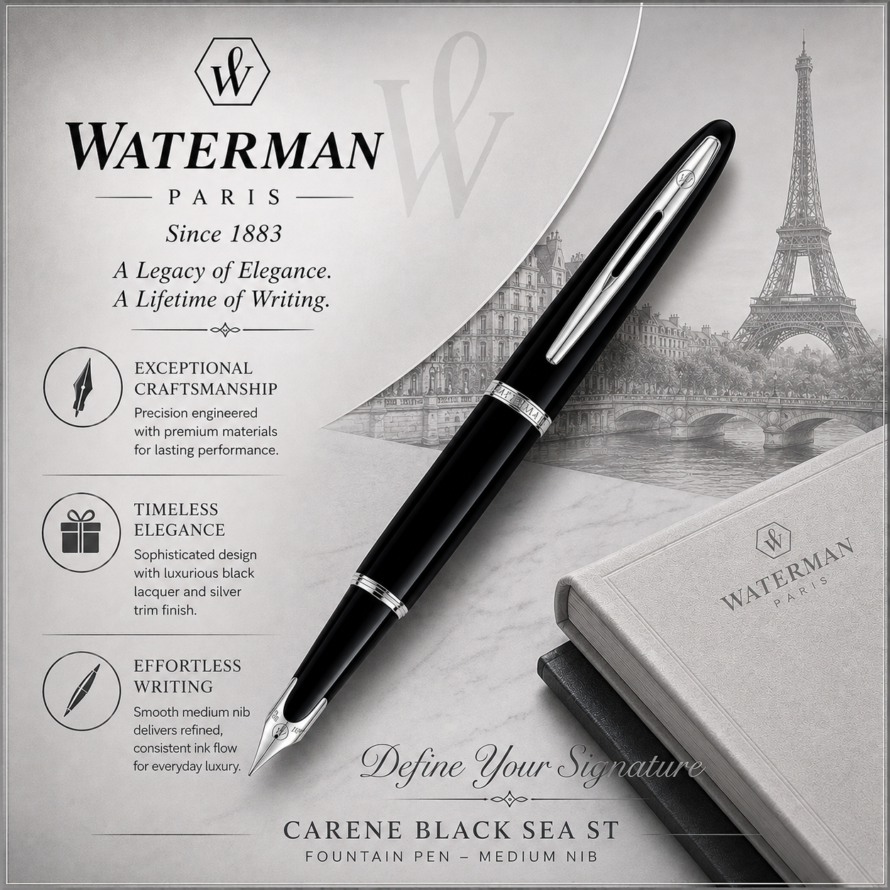 Waterman Carène Charcoal Grey ST Fountain Pen – Medium Nib