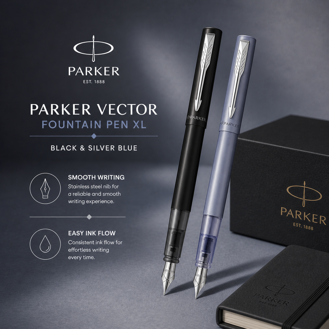 Parker Vector XL Fountain Pen — Black & Silver