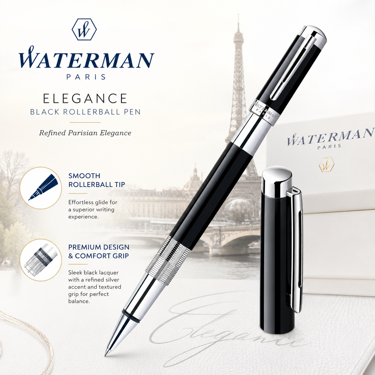 Waterman Elegance Rollerball Pen – Black with Silver Trim