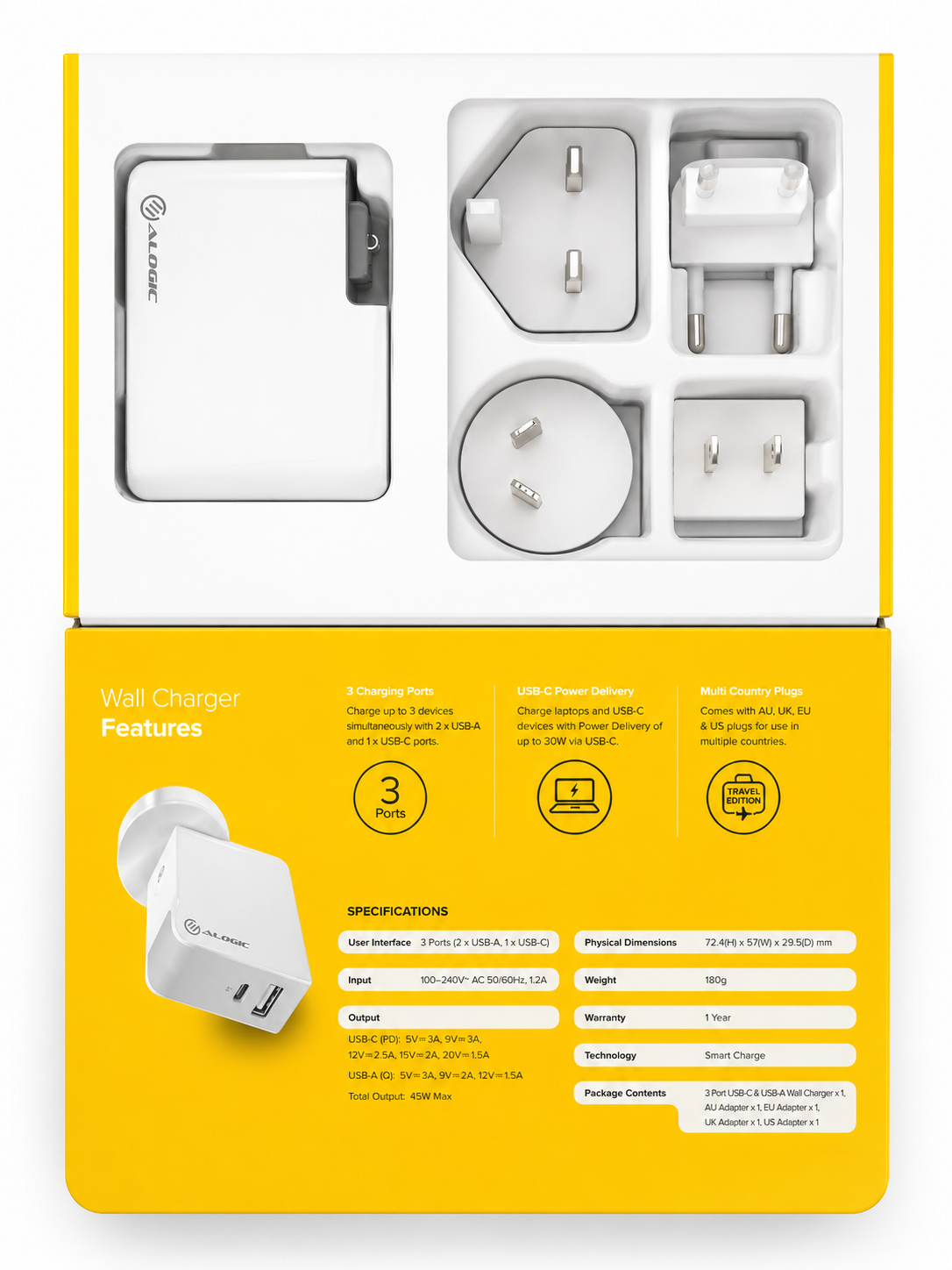 ALOGIC 3-Port USB-C & USB-A 45W Travel Charger with Multi-Country Plugs & Power Delivery