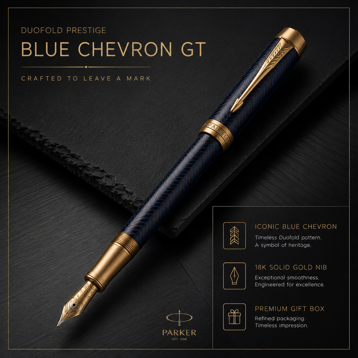 Parker Duofold Prestige Fountain Pen – Blue Chevron GT | Luxury Writing Instrument