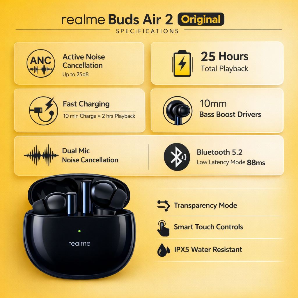 realme Buds Air 2 Original Wireless Earbuds – Active Noise Cancellation, 25H Battery