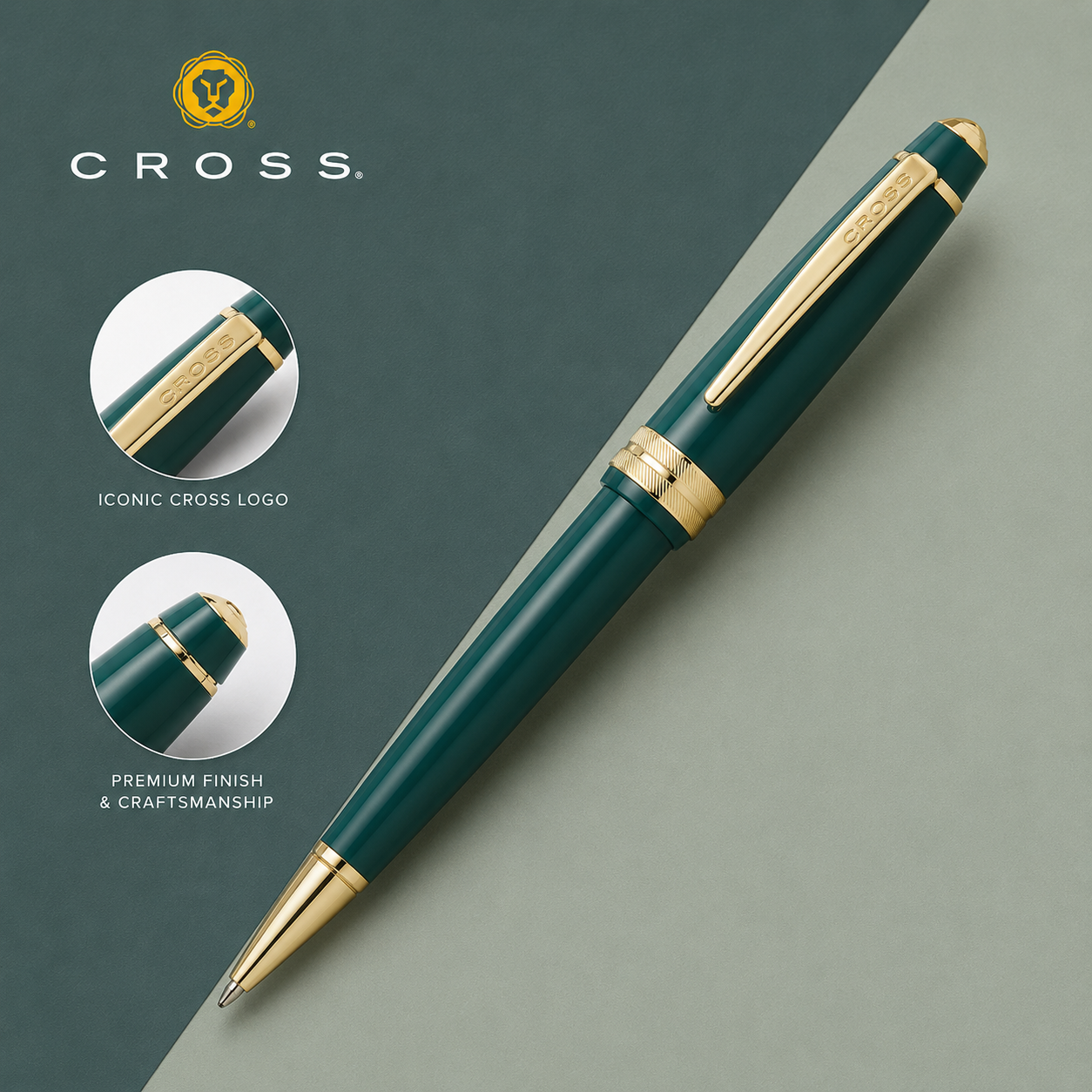 Cross Bailey Light Ballpoint Pen – Green Resin & Gold Plated Trim (Medium)