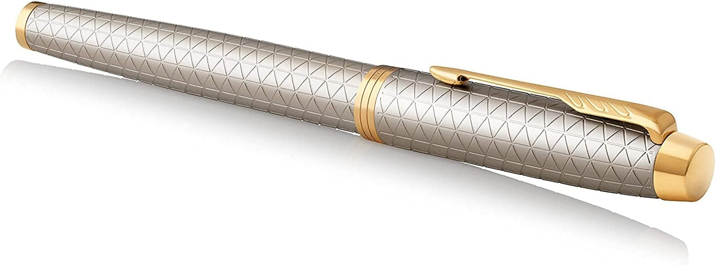 Parker IM Premium Fountain Pen – Warm Silver Champagne Diamond Pattern Gold Trim