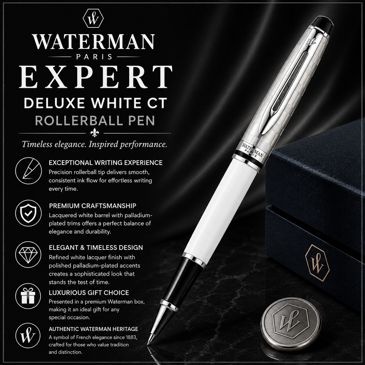Waterman Expert Deluxe White CT Rollerball Pen – Premium Writing Instrument