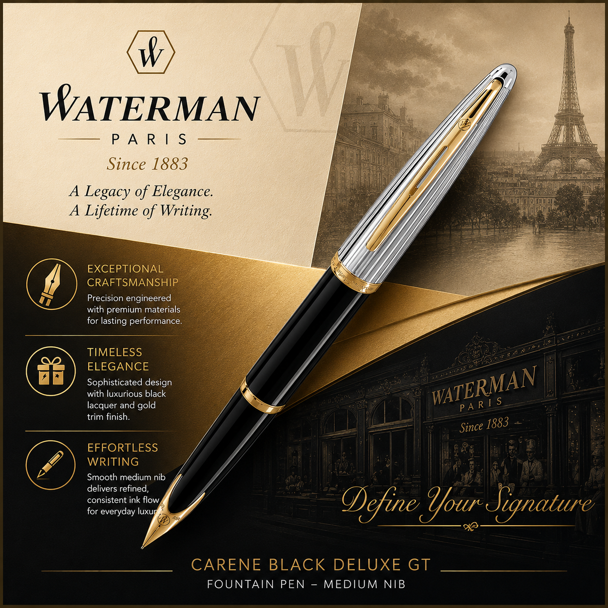 Waterman Carène Black Deluxe GT Fountain Pen – Medium Nib