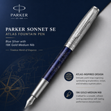 Parker Sonnet SE Atlas Fountain Pen – Blue Silver | 18K Gold Nib (Medium)