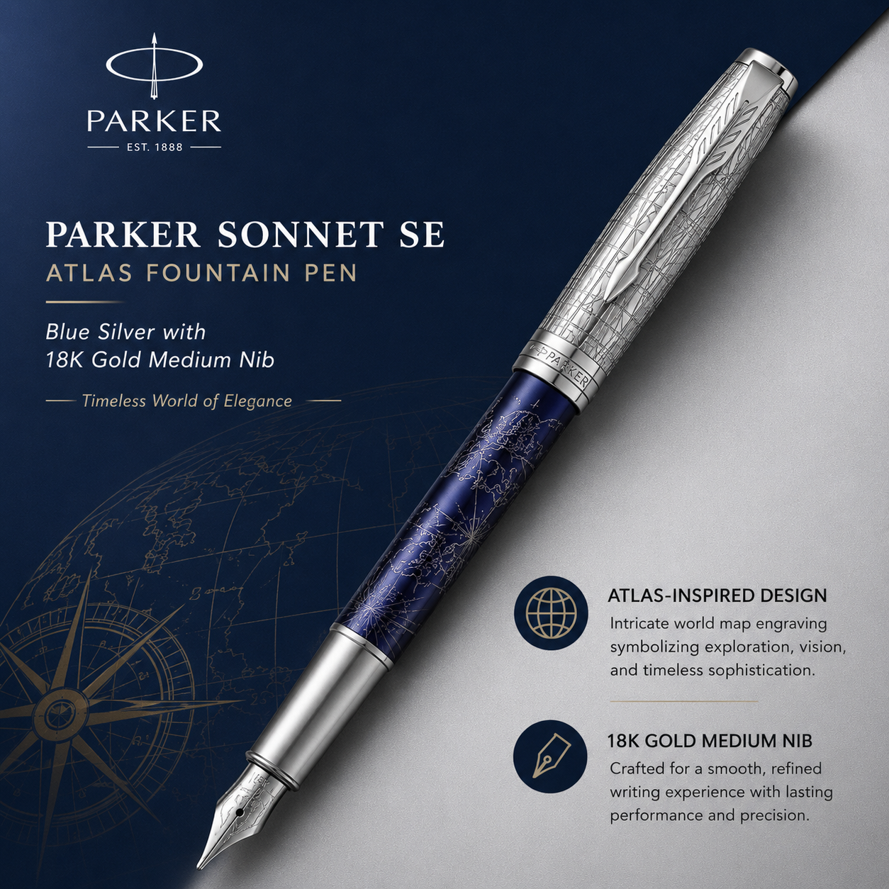 Parker Sonnet SE Atlas Fountain Pen – Blue Silver | 18K Gold Nib (Medium)