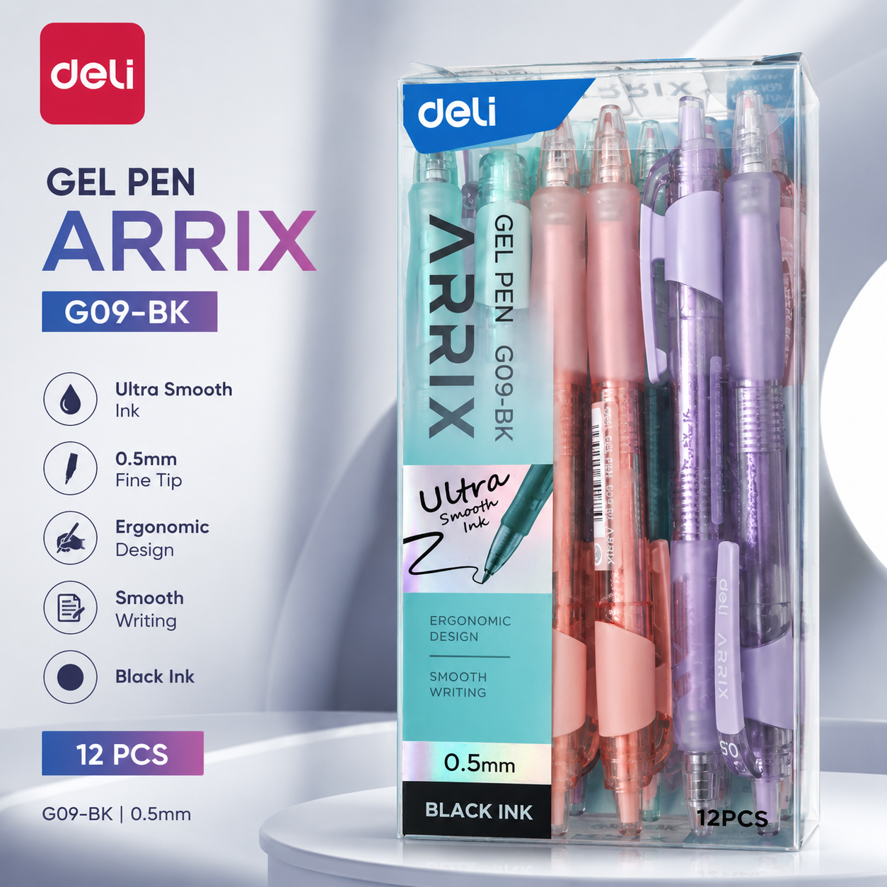 Deli EG09 Arrix Retractable Gel Pen – 0.5mm (Assorted Body Colours)