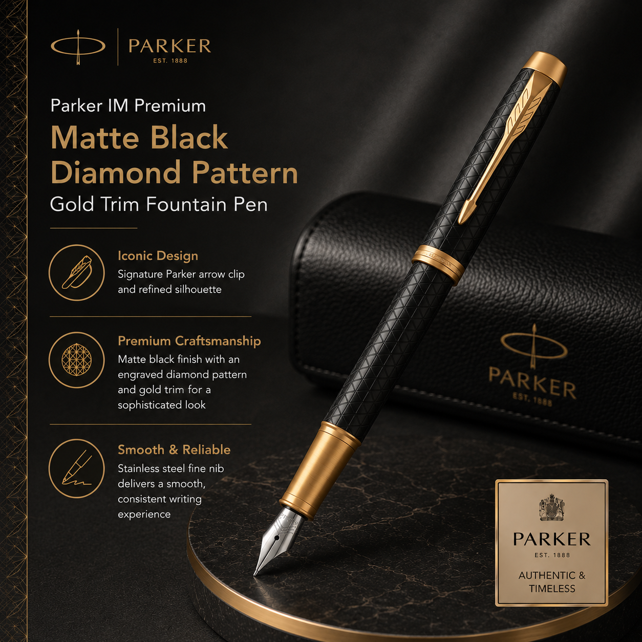 Parker IM Premium Rollerball Pen – Matte Black Diamond Pattern Gold Trim (GT)
