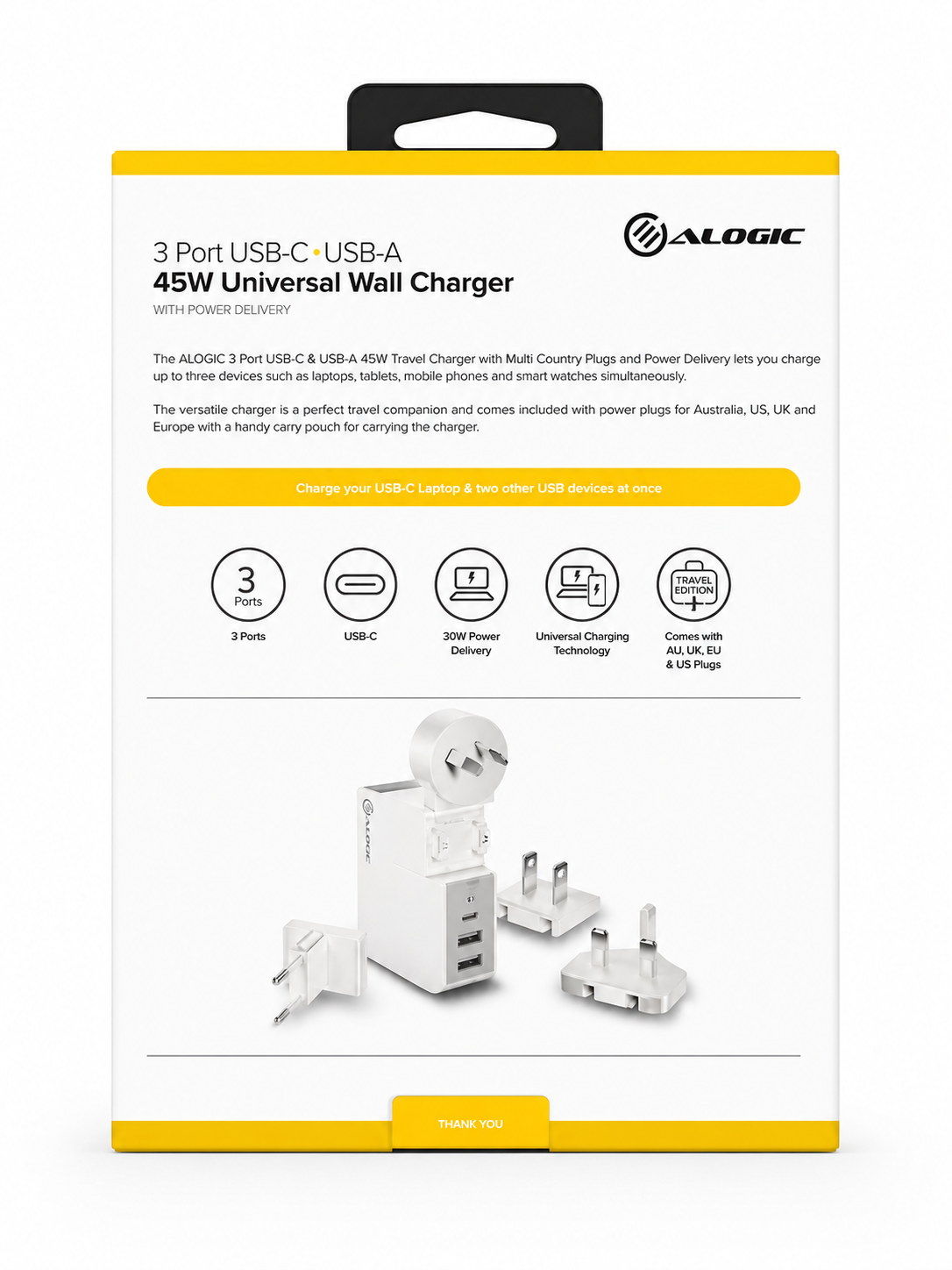 ALOGIC 3-Port USB-C & USB-A 45W Travel Charger with Multi-Country Plugs & Power Delivery