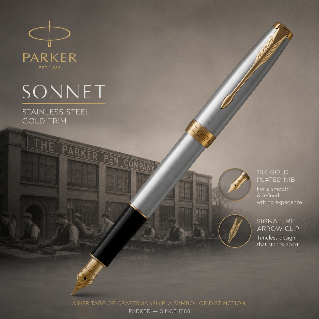 Parker Sonnet Fountain Pen – Stainless Steel with Gold Trim (Medium Nib)