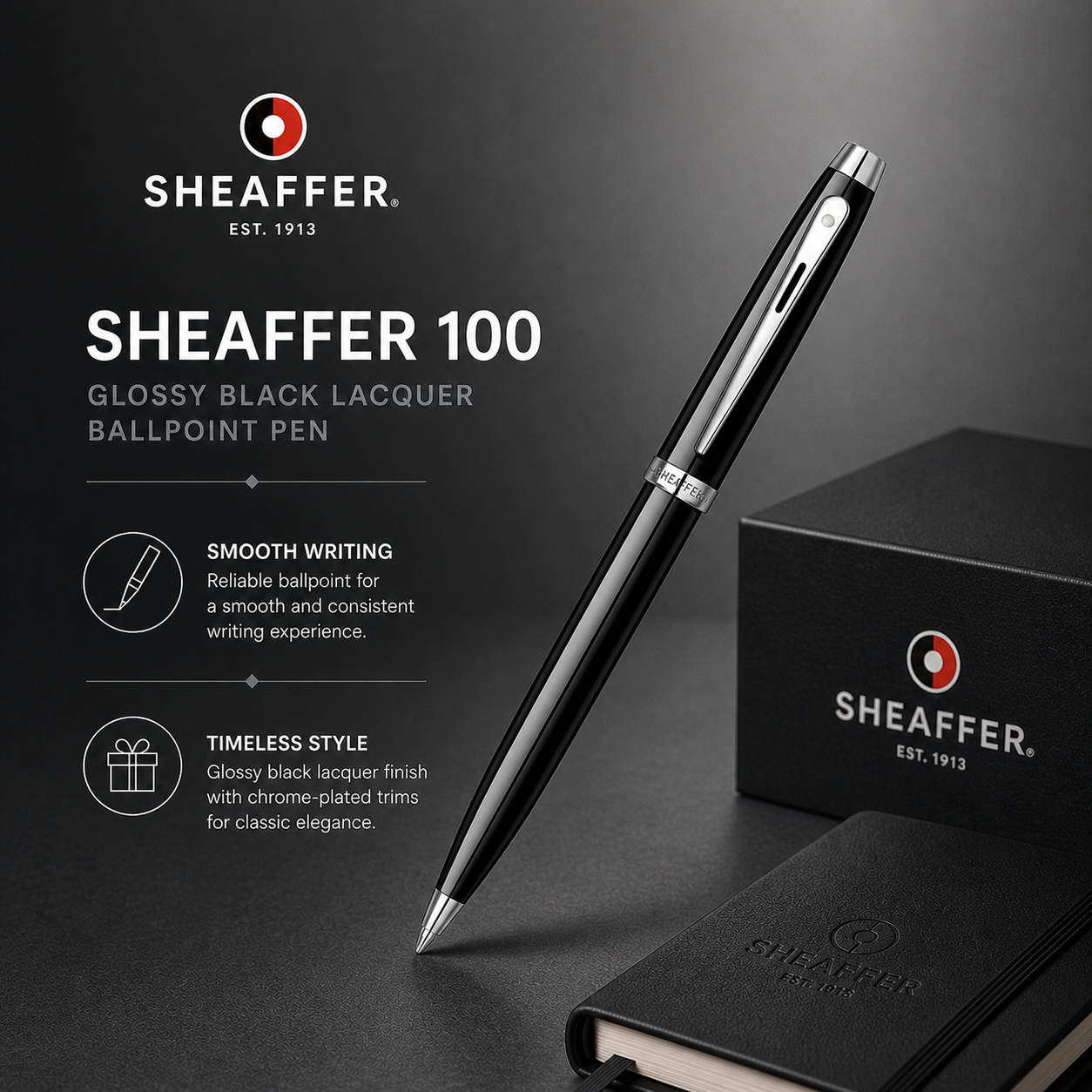 Sheaffer 100 Ballpoint Pen — Glossy Black Lacquer | Medium & Fine Tip