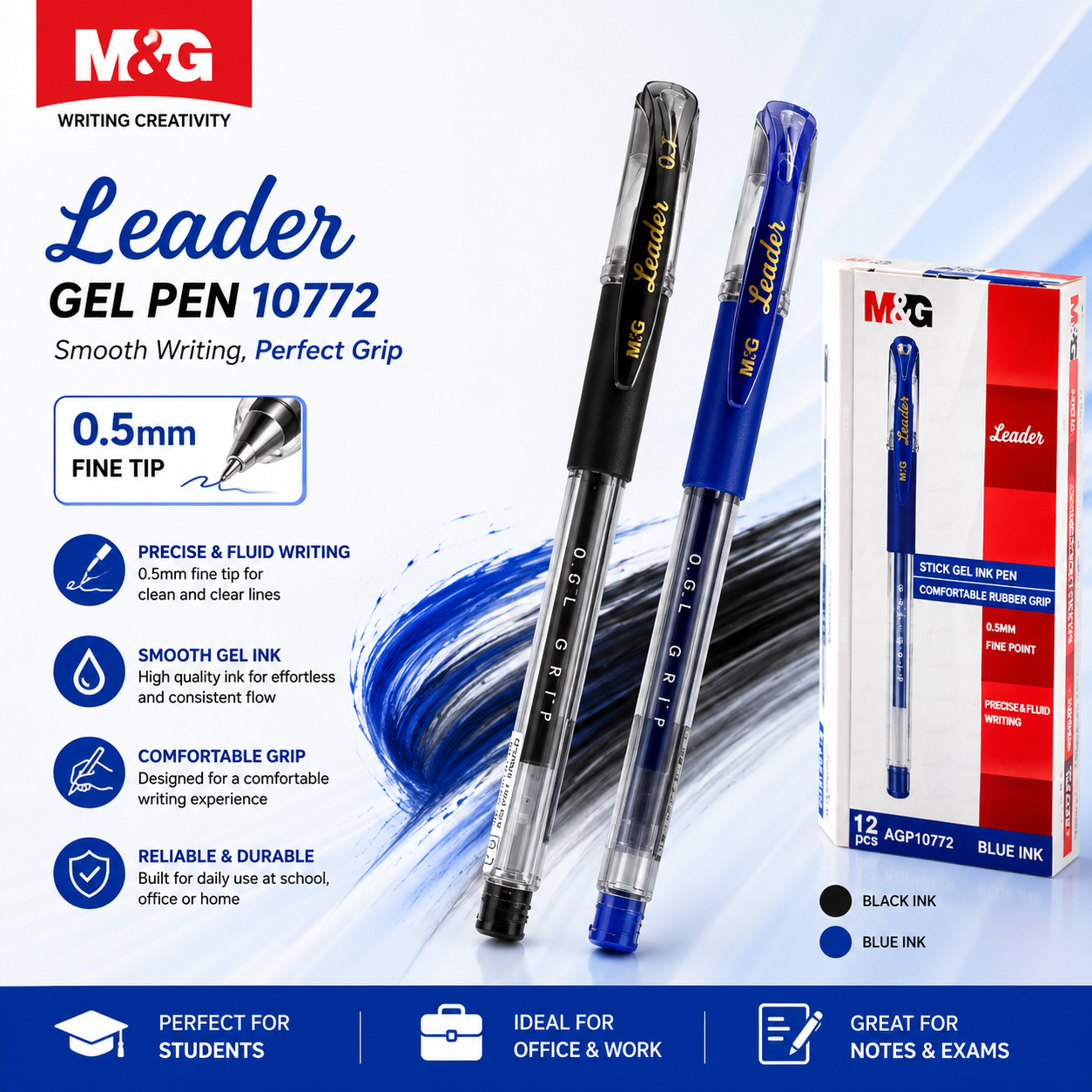 M&G Leader Gel Pen 10772 – 0.5mm Fine Tip | Smooth Writing Gel Pen (Black/Blue)