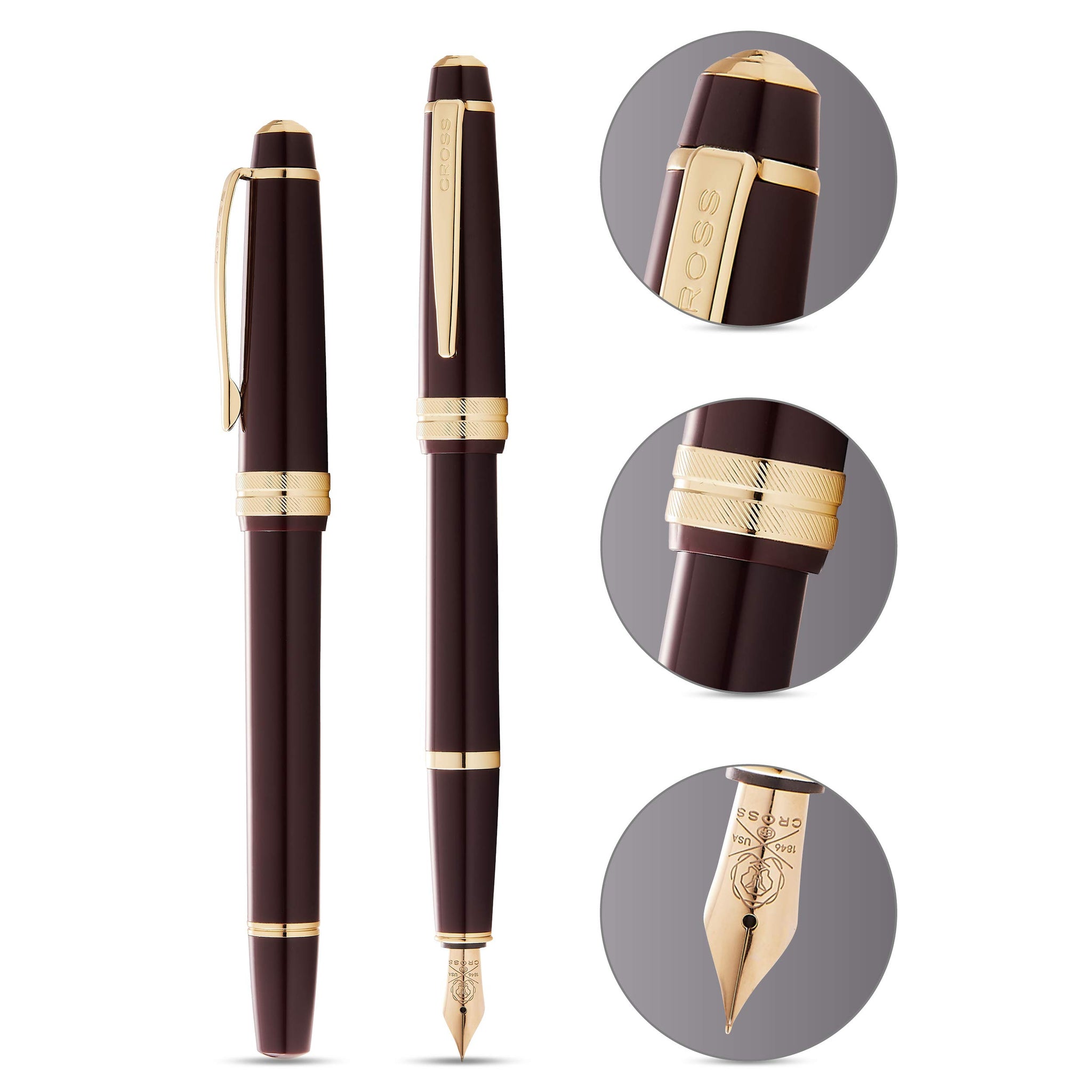 Cross Bailey Light Fountain Pen – Polished Burgundy Resin | Gold Trim | Medium Nib