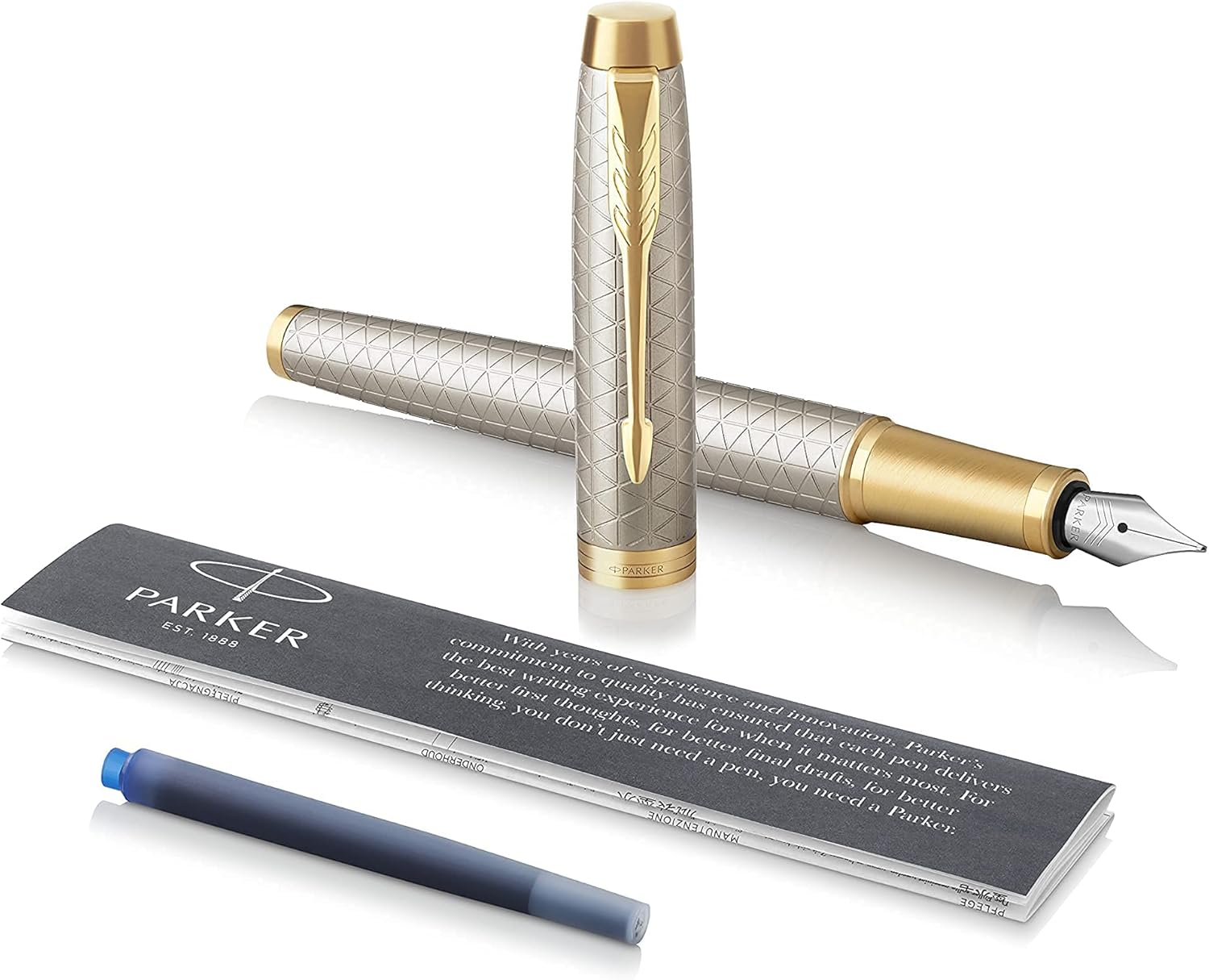Parker IM Premium Fountain Pen – Warm Silver Champagne Diamond Pattern Gold Trim