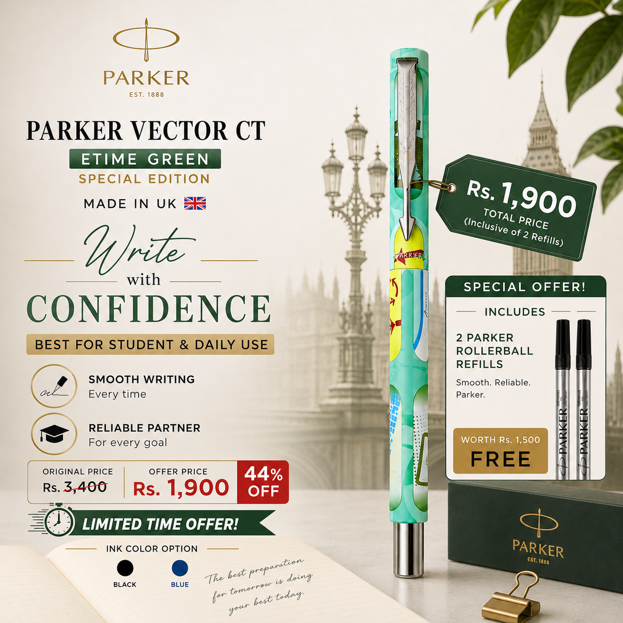 Parker Vector CT Rollerball Pen – ETIME Green Special Edition | Made in UK