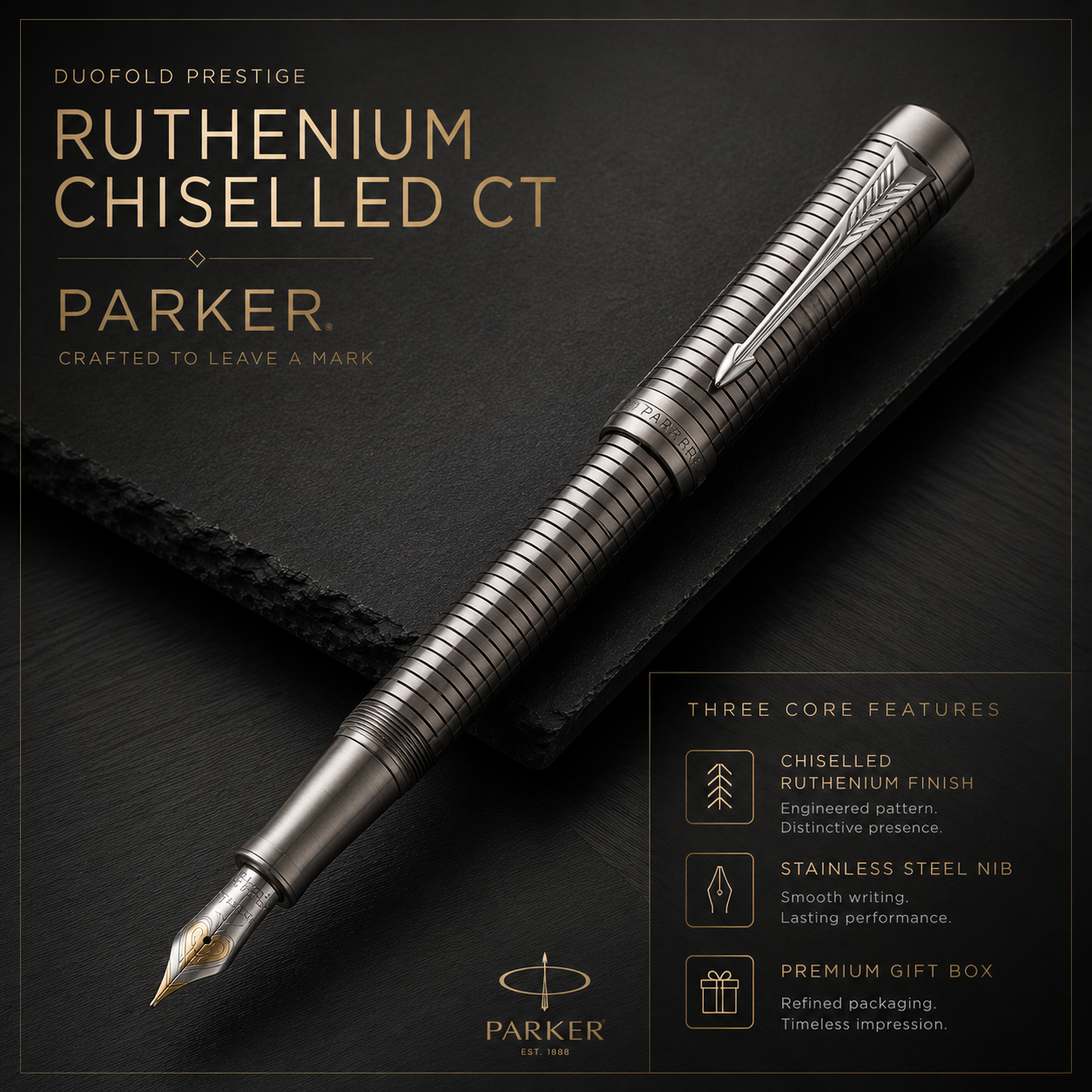 Parker Duofold Prestige Ruthenium Chiselled CT Fountain Pen