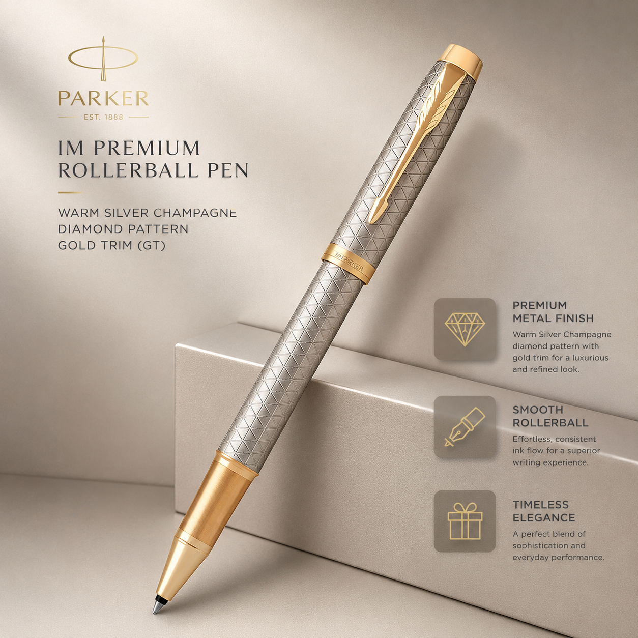 Parker IM Premium Rollerball Pen – Warm Silver Champagne Diamond Pattern Gold Trim (GT)