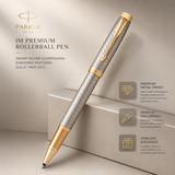 Parker IM Premium Rollerball Pen – Warm Silver Champagne Diamond Pattern Gold Trim (GT)