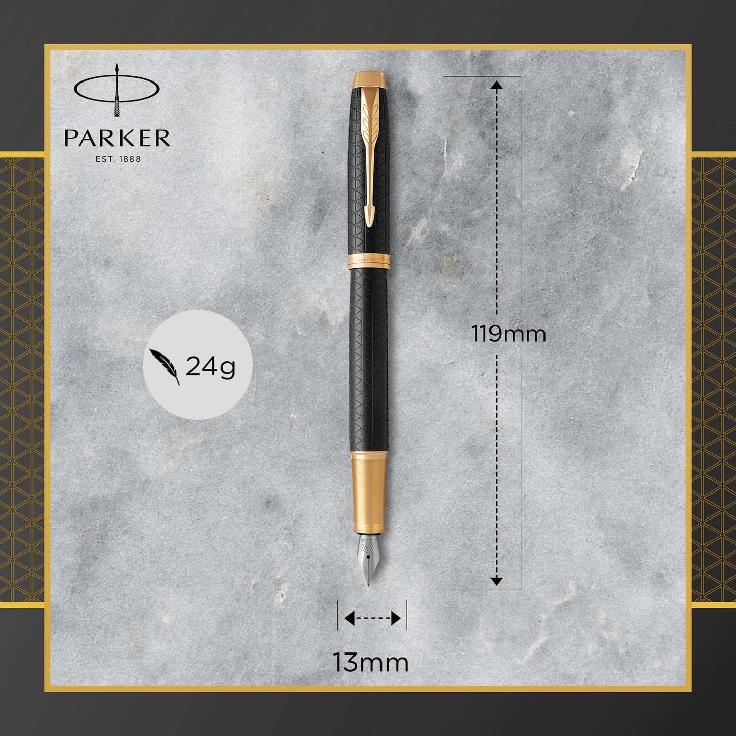 Parker IM Premium Fountain Pen – Matte Black Diamond Pattern Gold Trim Fine Nib