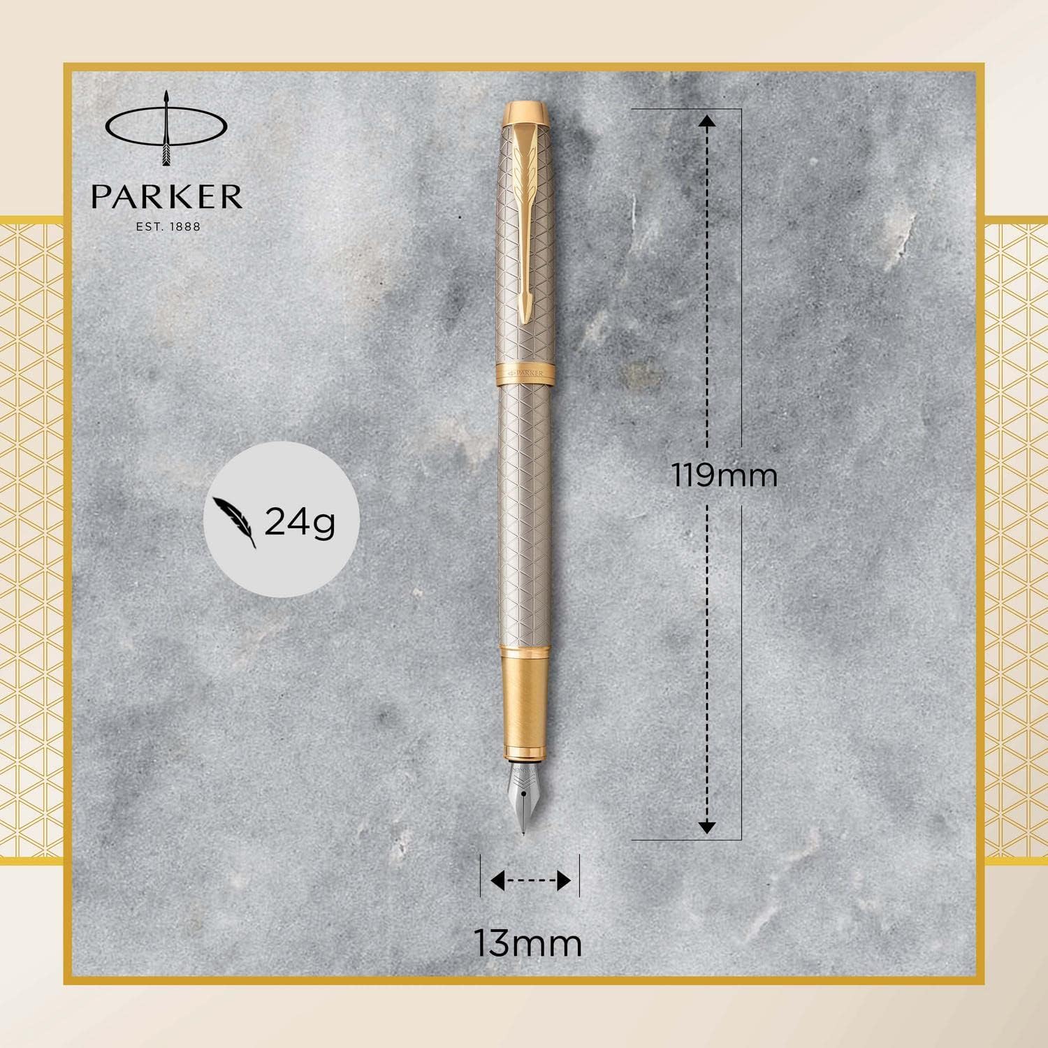 Parker IM Premium Fountain Pen – Warm Silver Champagne Diamond Pattern Gold Trim