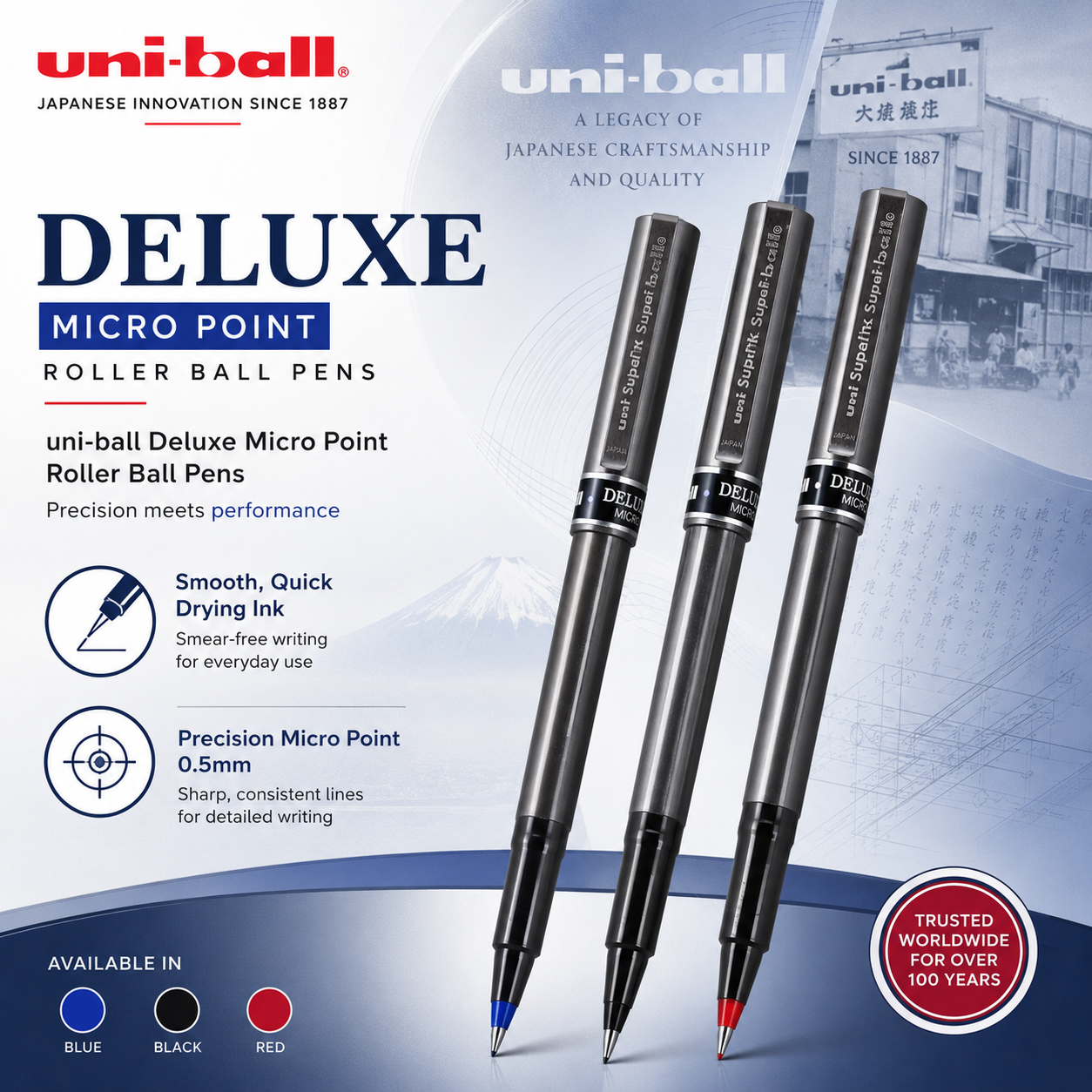 Uni-Ball Deluxe UB-155 Rollerball Pen 0.5mm – Blue, Black & Red | Pack of 3 & 6