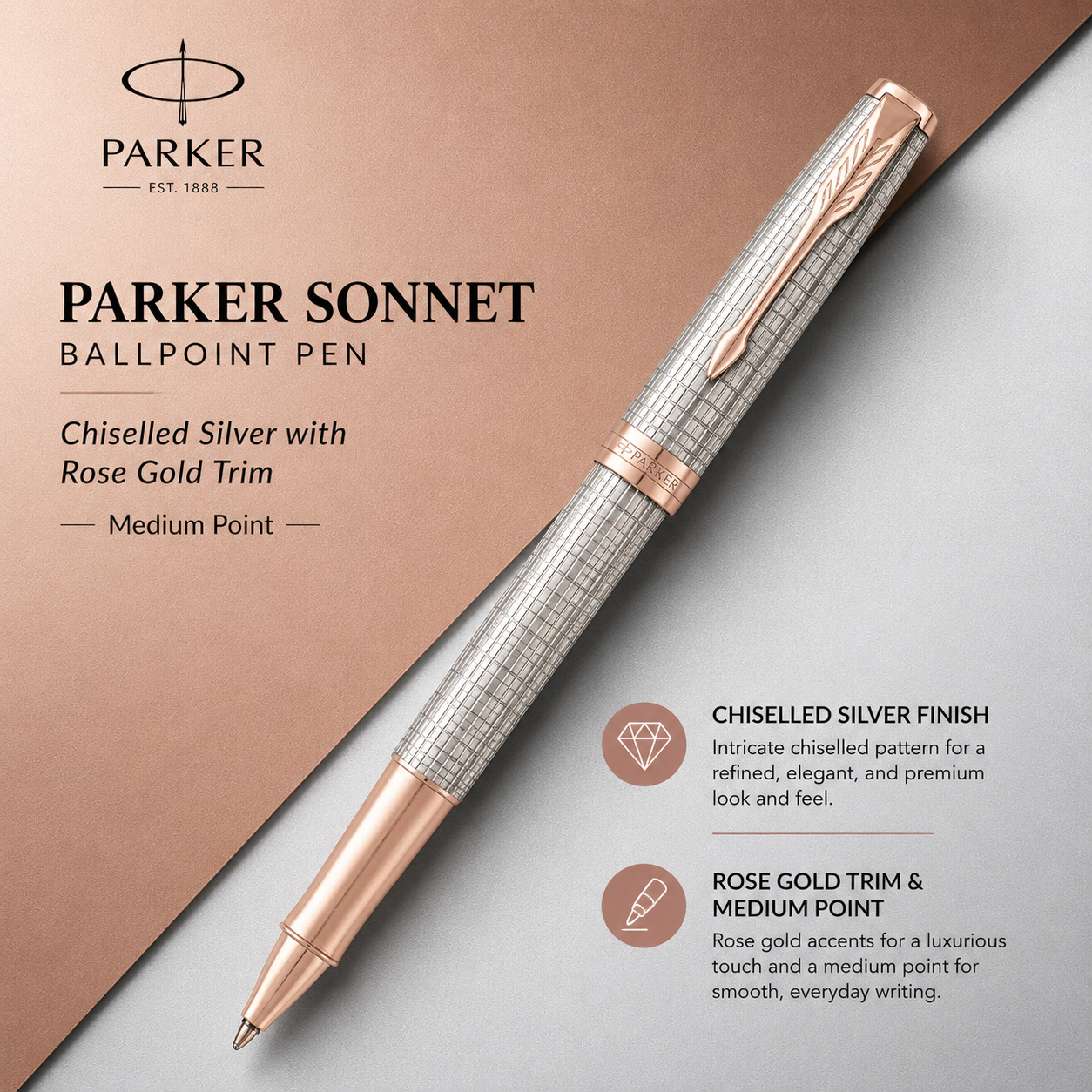 PARKER Sonnet Rollerball Pen, Prestige Chiselled Silver with Rose Gold Trim – Chiselled Silver with Rose Gold Trim (PGT)