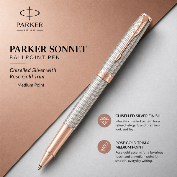 Parker Sonnet rollerball pen, chiselled silver with rose gold trim