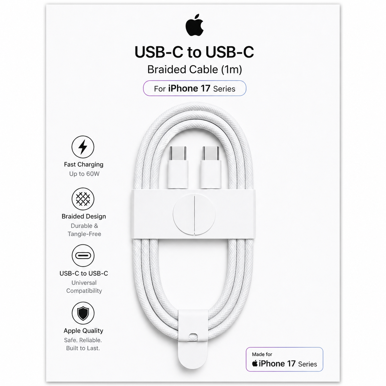 Apple iPhone 16/17 Series USB-C Cable – Braided Fast Charging & Data Sync (Original)